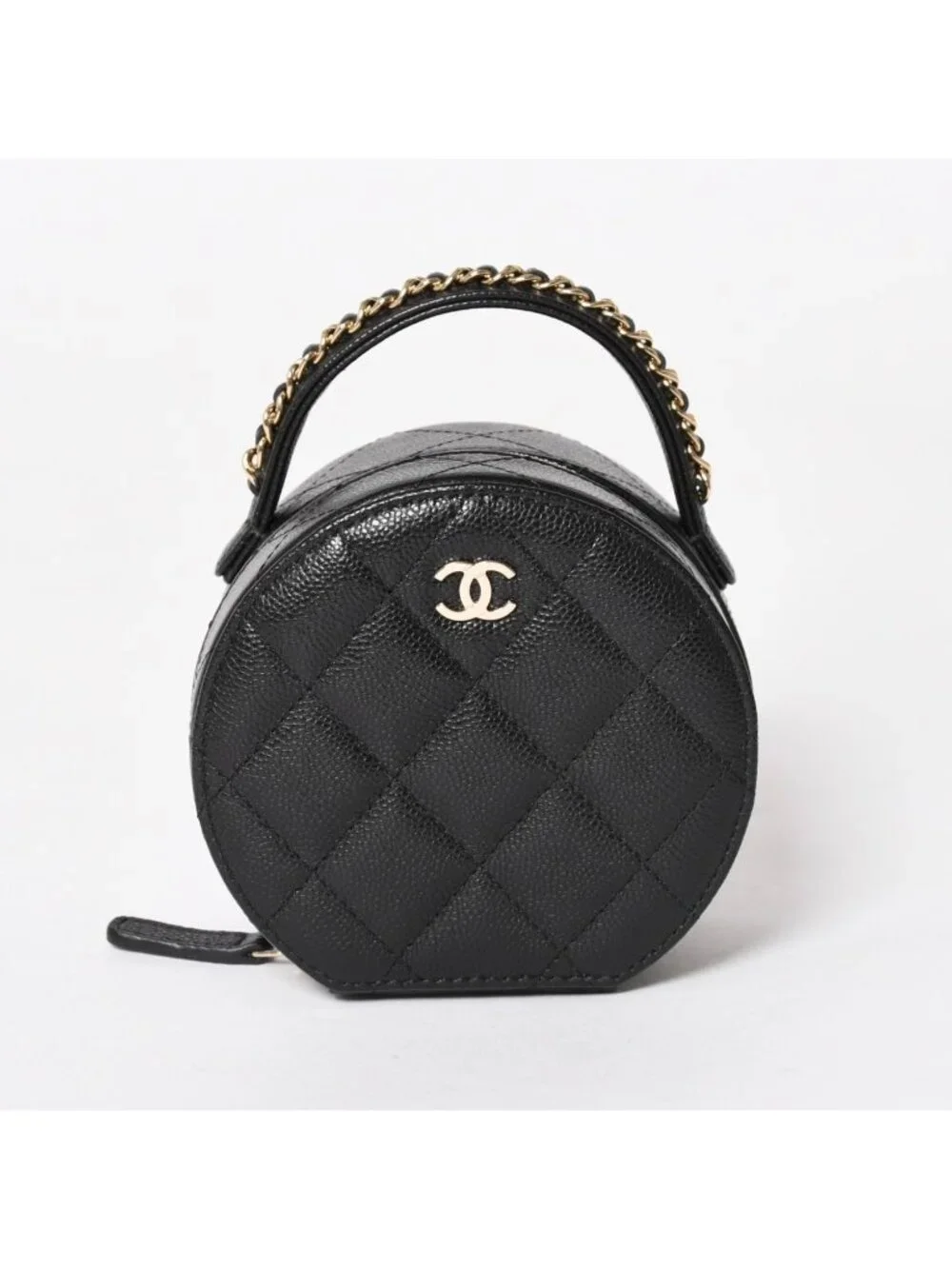 Chanel Small Round Vanity Bag Handbag Stand CC Logo Caviar Leather Black